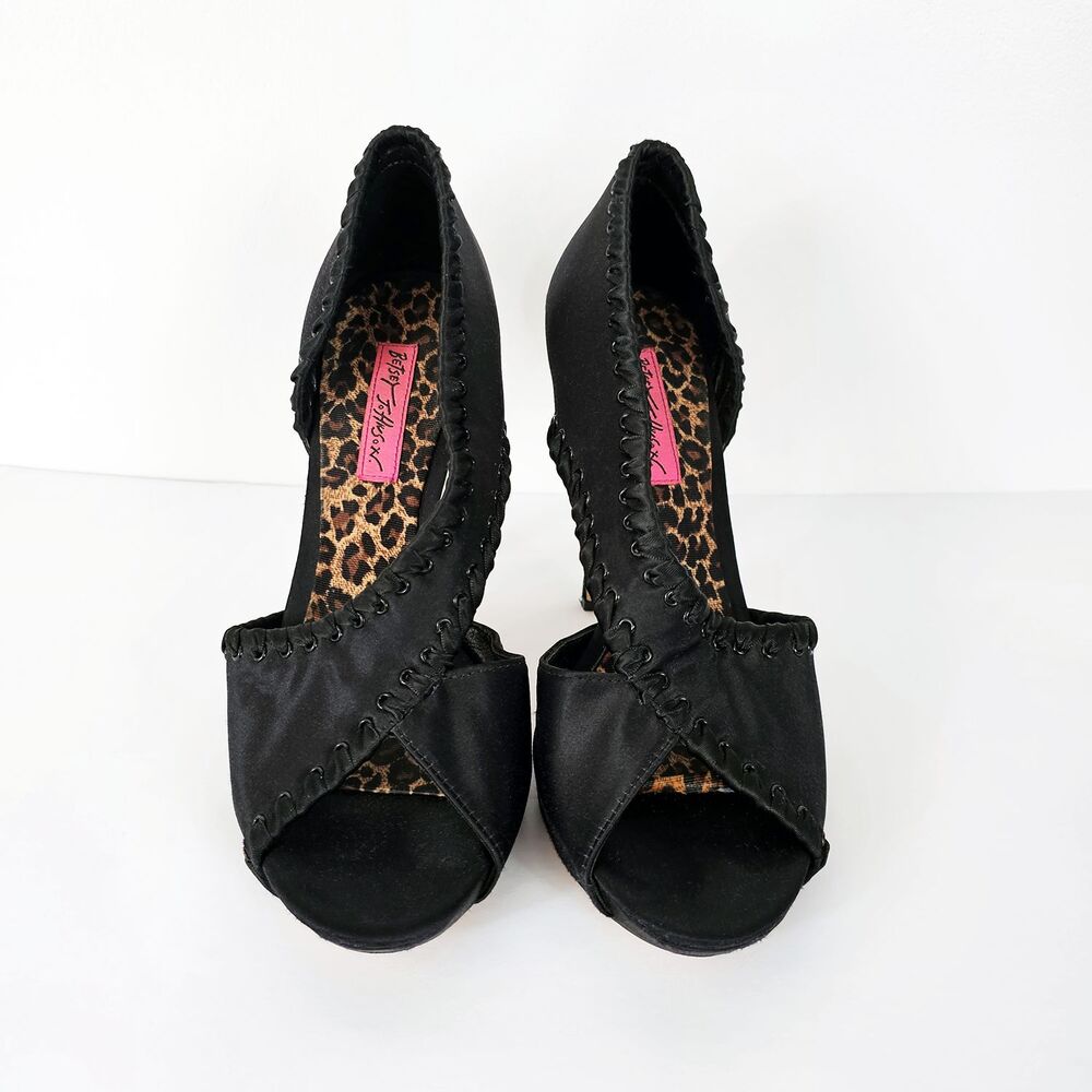 BETSEY JOHNSON Black Satin D'orsay Pumps Size 8 Open-Toe Heels